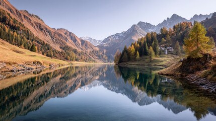 Fototapeta premium Serene Mountain Lake with Autumn Forest Reflections