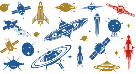 Space exploration: A collection of retro-styled spaceship, satellite, and planetary illustrations.