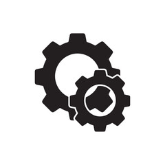 Two interlocking black gears on a white background symbolizing teamwork and mechanics