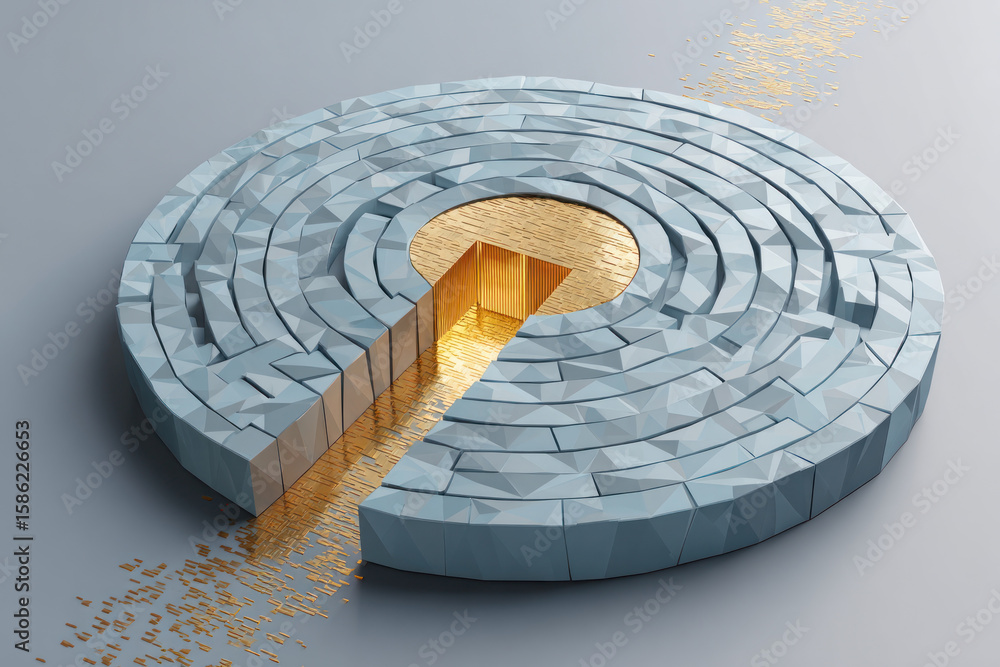 Poster a geometric maze features a golden exit lit by cool-toned stones, creating a captivating visual cont