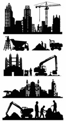 Silhouettes of construction sites, showcasing city buildings and construction machinery.