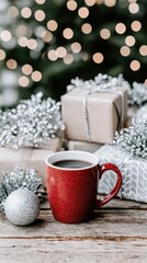 Cozy cup of coffee with festive decorations, gifts, and warm spices for a delightful Christmas celebration