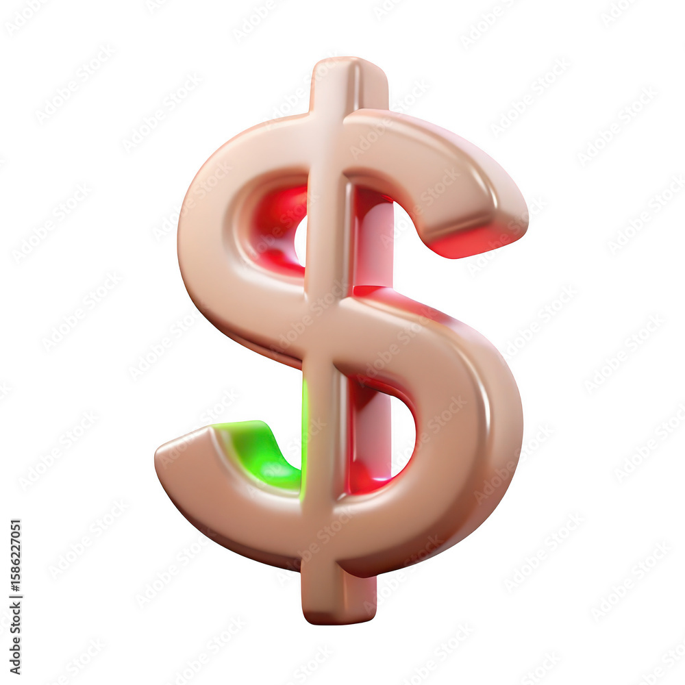 Poster shiny metallic dollar symbol with subtle red and green lighting effects isolated on transparent back
