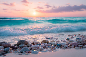 Obraz premium Pink orange sunrise above gentle tides and smooth stones on a clean pale aqua background