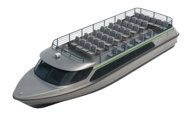 Single-deck passenger ferry with open-air seating area on the upper level