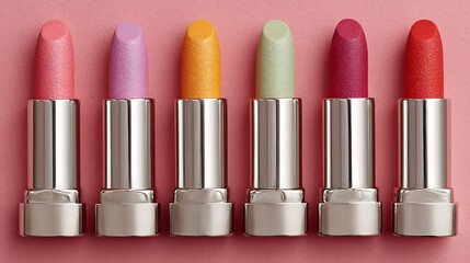 Fototapeta premium Elegant five pastel lipsticks on pink backdrop 