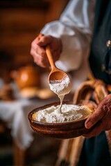 A hand holds a wooden spoon, lifting creamy dairy from a bowl in a cozy kitchen. The rustic decor and autumn light create a warm, inviting atmosphere