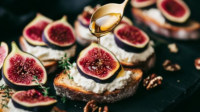Fresh figs and ricotta on toasted bread are slowly drizzled with golden honey, highlighting a gourmet combination of textures, flavors, and visual appeal for food lovers and culinary projects.