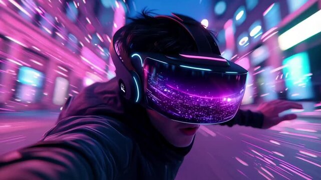 A gamer immersed in virtual reality, surrounded by vibrant neon lights and futuristic elements. The virtual road moves around the player in a dynamic and immersive experience.
