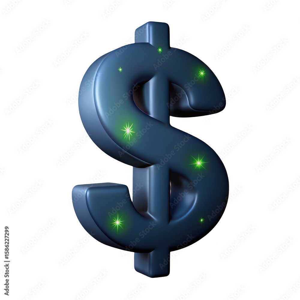 Poster shiny metallic dollar symbol with green sparkles isolated on transparent background