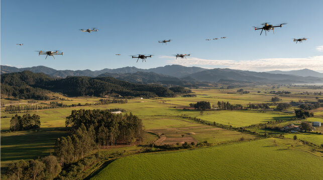 collection of modern agricultural drones and robotic devices in action showcasing their sleek clean designs and