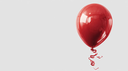 Glossy red birthday balloon with reflective highlights, floating and tied with a curled ribbon, transparent background
