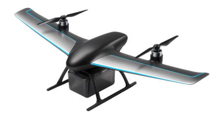 Hybrid drone with a combination of fixed-wing and rotor-based flight, carrying a small delivery box