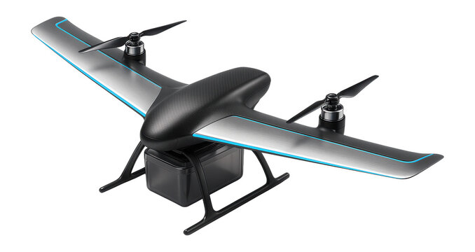 Hybrid drone with a combination of fixed-wing and rotor-based flight, carrying a small delivery box
