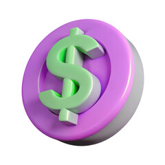 Obraz premium Stylized 3d render of a green dollar sign embossed on a purple and gray coin isolated on transparent background