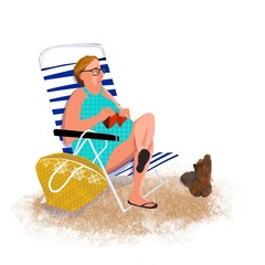 A woman relaxes on a beach chair, knitting while her small dog sits beside her.