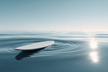 A surfboard drifts on calm ocean waters, bathed in soft morning light