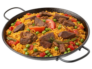 Beef Paella isolated on transparent png background. Generative ai