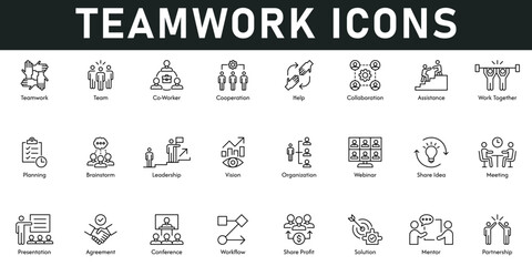 Teamwork Icons vector illustration with thin line editable stroke containing co worker, cooperation, collaboration, work together, planning, brainstorm, leadership, vision, organization, meeting © Clerk