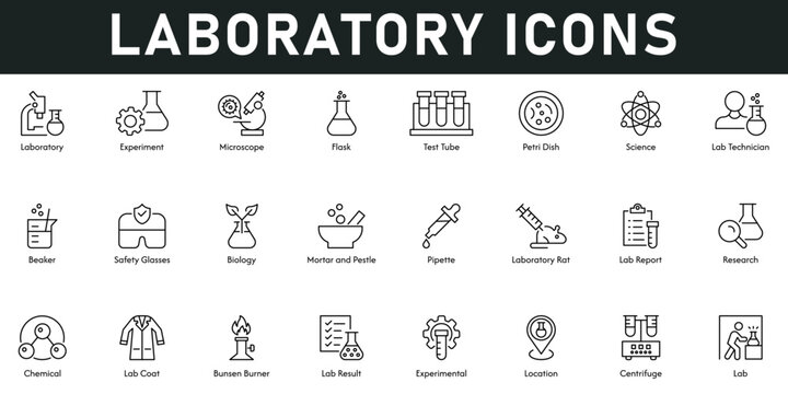 Laboratory Icons vector illustration with thin line editable stroke containing experiment, microscope, flask, science, test tube, biology, report, research, chemical, lab, beaker, technician, burner