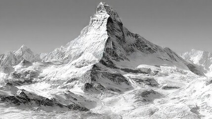   Black-and-white image of mountain peak with snow cap, clear sky in backdrop