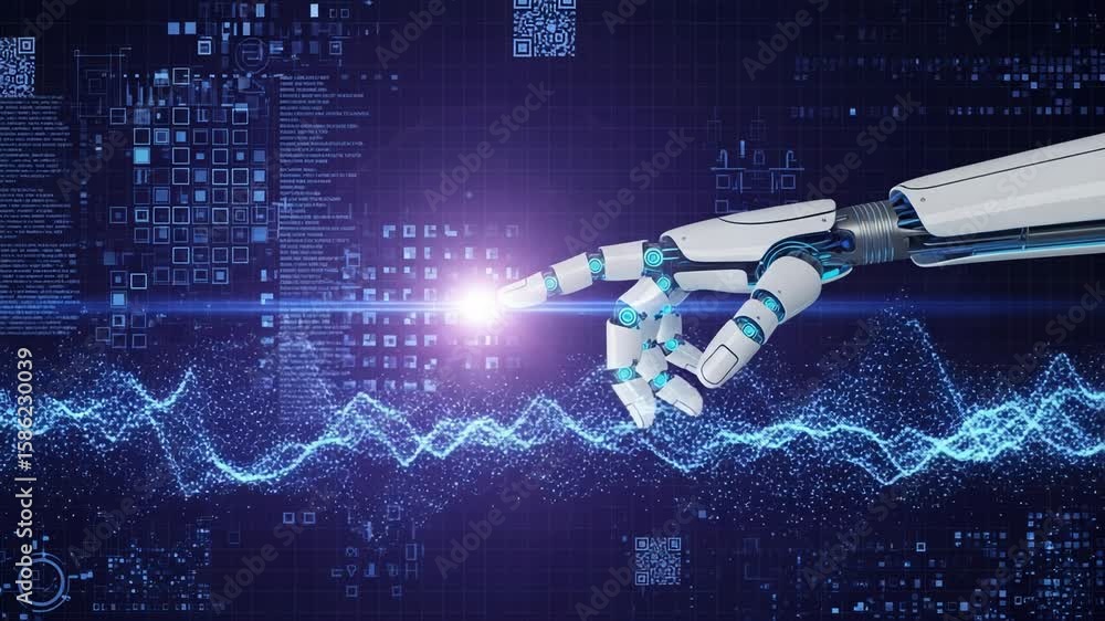 Poster a robot hand touching a digital interface, representing artificial intelligence and future technolog