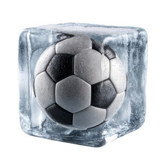 Soccer ball encased in a cube of ice with water droplets isolated on transparent background