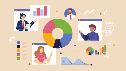 Online Business Analytics and Strategy Meeting. Vector illustration of a diverse team on a video call analyzing statistical data charts and graphs on a web dashboard. Flat design concept.