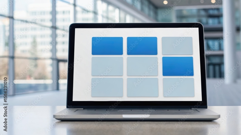 Poster laptop displaying a grid of blue squares on a table, set in a modern, bright office environment with