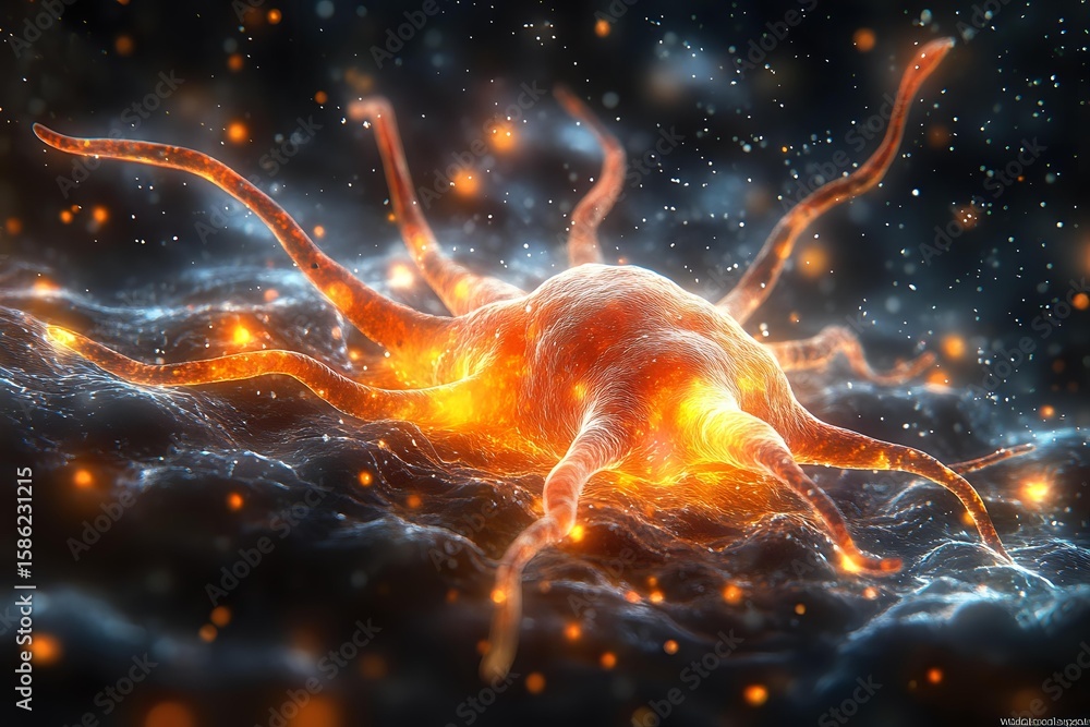 Aufkleber glowing orange neuron cell with electrical impulses on dark background with light effects, illustrat