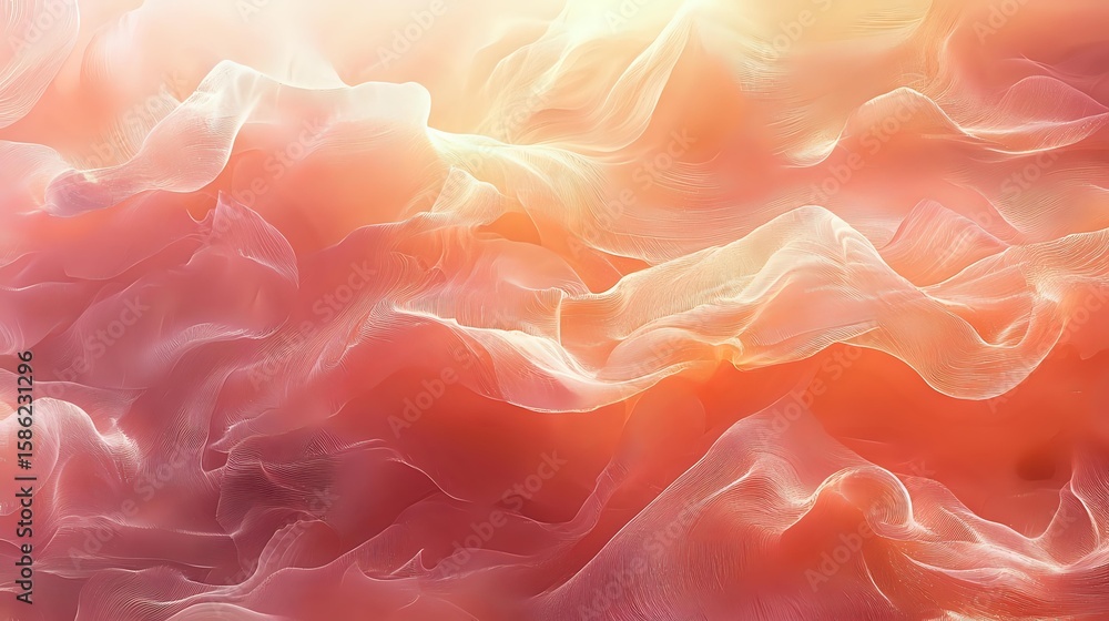 Poster ethereal flowing smoke waves in coral and peach tones create dreamy abstract background with soft lu