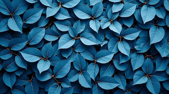 Dense arrangement of blue leaves with visible veins and brown stems foliage plant