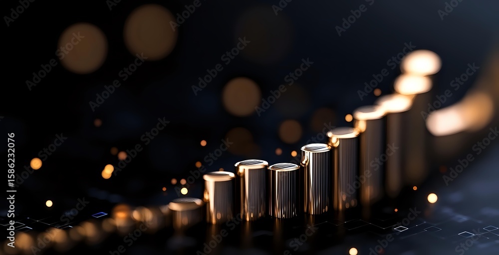 Poster metallic cylinders arranged in ascending order creating dynamic composition with warm bokeh lights a
