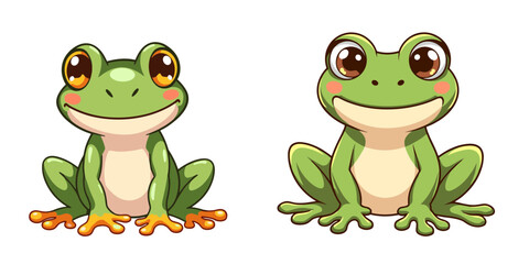 Fototapeta premium Cartoon stuffed frog characters with big eyes and cheerful expressions 