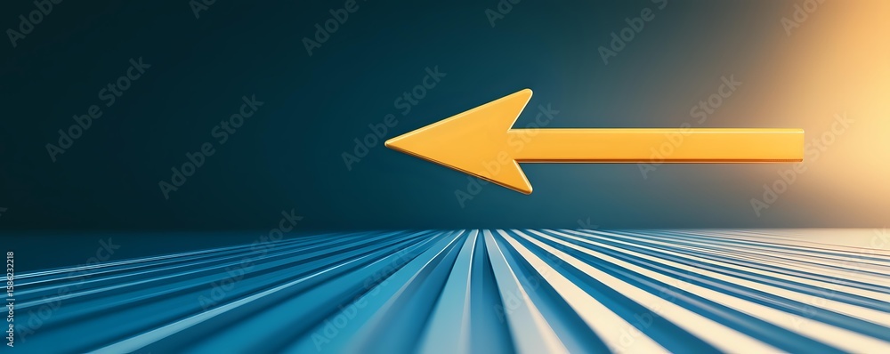 Poster yellow arrow pointing left on abstract blue striped perspective background with light effect, modern