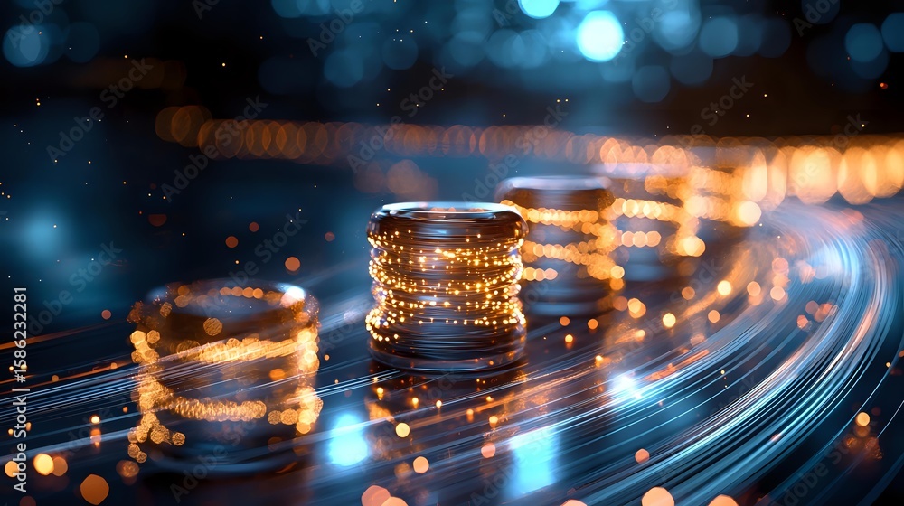Poster glowing stacks of coins on dynamic light trails background with bokeh effect, symbolizing digital fi