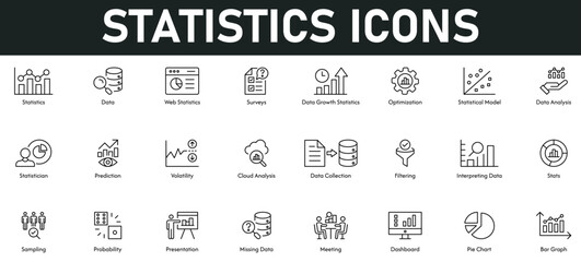 Statistics Icons vector illustration with thin line editable stroke containing data, surveys, growth, optimization, model, data analysis, probability, prediction, volatility, cloud analysis, sampling