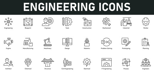 Engineering Icons vector illustration with thin line editable stroke containing blueprint, tools, construction, mechanical, industrial, worker, engine, manufacture, machinery, robotics, planning