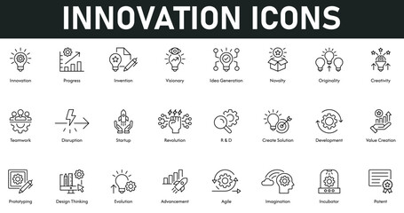 Innovation Icons vector illustration with thin line editable stroke containing progress, invention, visionary, idea generation, originality, creativity, teamwork, disruption, startup, solution, agile © Clerk