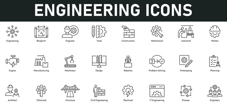 Engineering Icons vector illustration with thin line editable stroke containing blueprint, tools, construction, mechanical, industrial, worker, engine, manufacture, machinery, robotics, planning