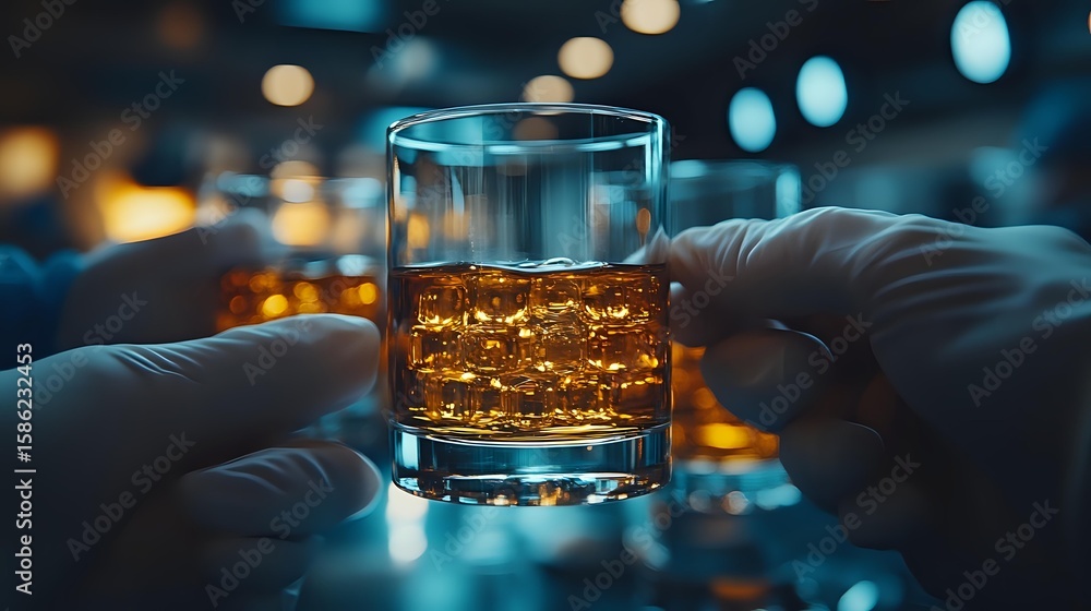 Aufkleber glass of whiskey with ice cubes held up against blurred bokeh lights background, creating moody atmo