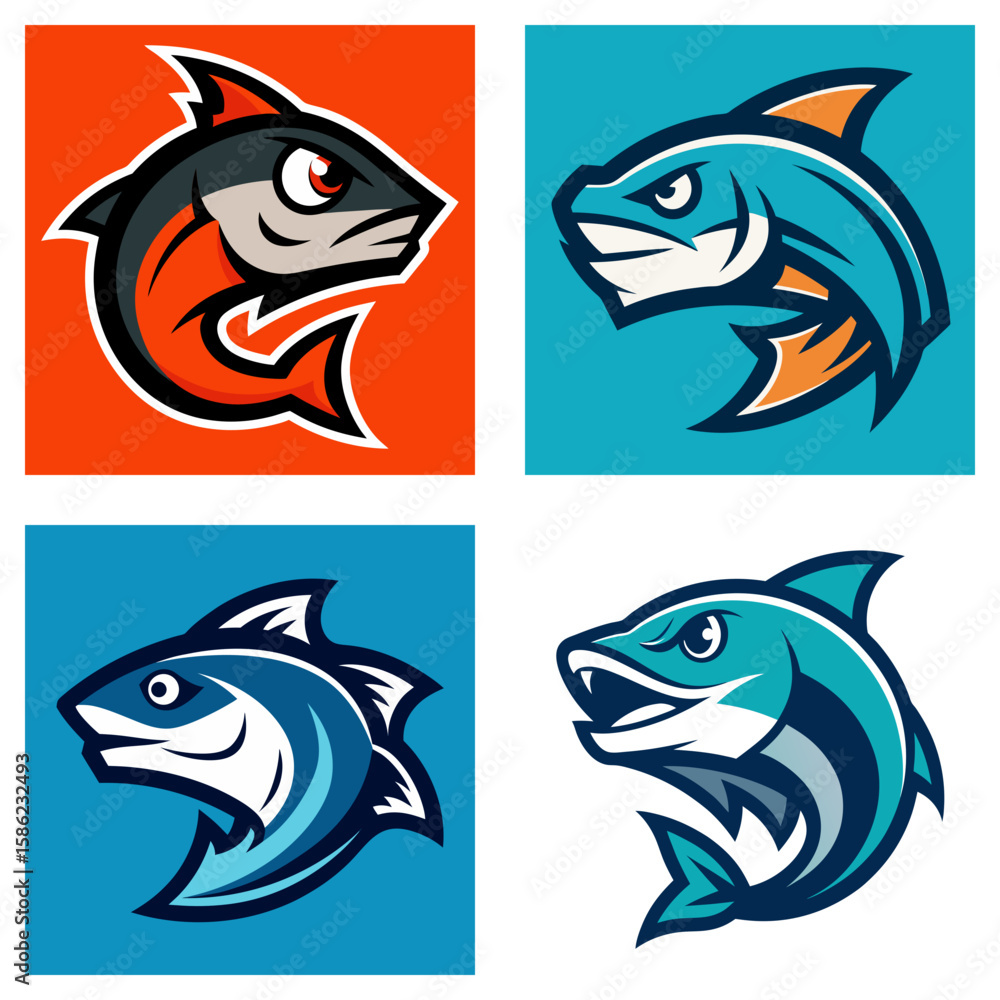 Poster four stylized fish illustrations in square frames with different color schemes and aggressive expres