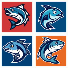 Obraz premium Collection of four stylized fish illustrations in different color backgrounds and varying expressions