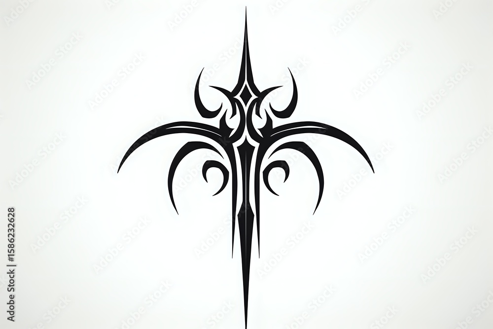 Aufkleber stylized tribal cross design with sharp angular elements and curved wings in black silhouette on whi