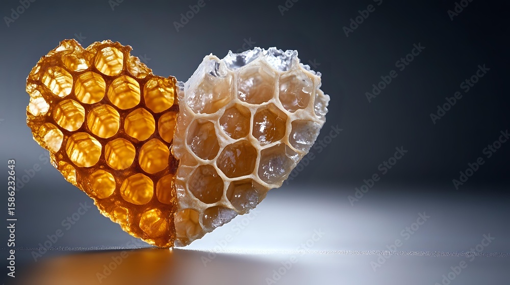 Aufkleber heart shaped honeycomb structure split in golden amber and clear crystal sections on dark background
