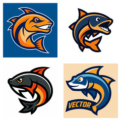 Collection of four stylized fish illustrations in various colors and designs on different backgrounds
