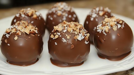 Fototapeta premium Dark chocolate truffles topped with crushed nuts on white ceramic plate, close up view of homemade confectionery dessert with smooth glossy coating.