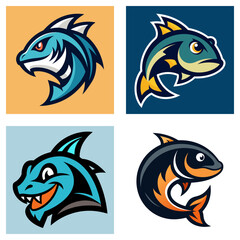 Collection of four stylized fish logos with varying designs and color schemes presented together