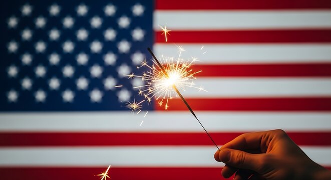 A hand holds a sparkler against the backdrop of the american flag, celebrating independence day with patriotic fervor