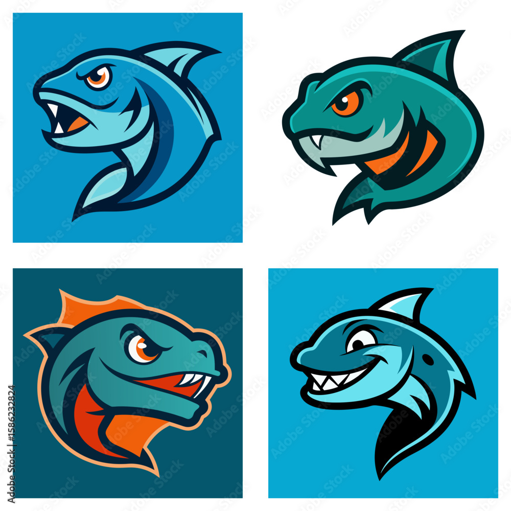 Poster four stylized cartoon fish heads with aggressive expressions in a grid pattern on square backgrounds